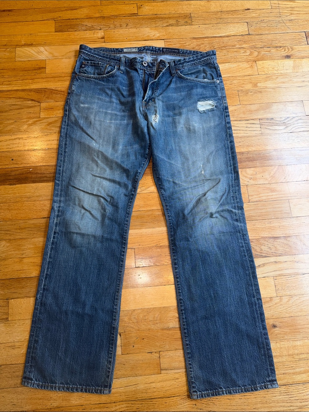 Ag Adriano Goldschmied Men's Distressed Straight-Leg Blue Jeans